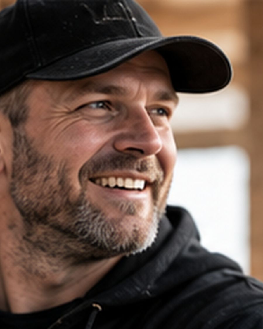 Smilende tømrer med kasket på byggepladsen